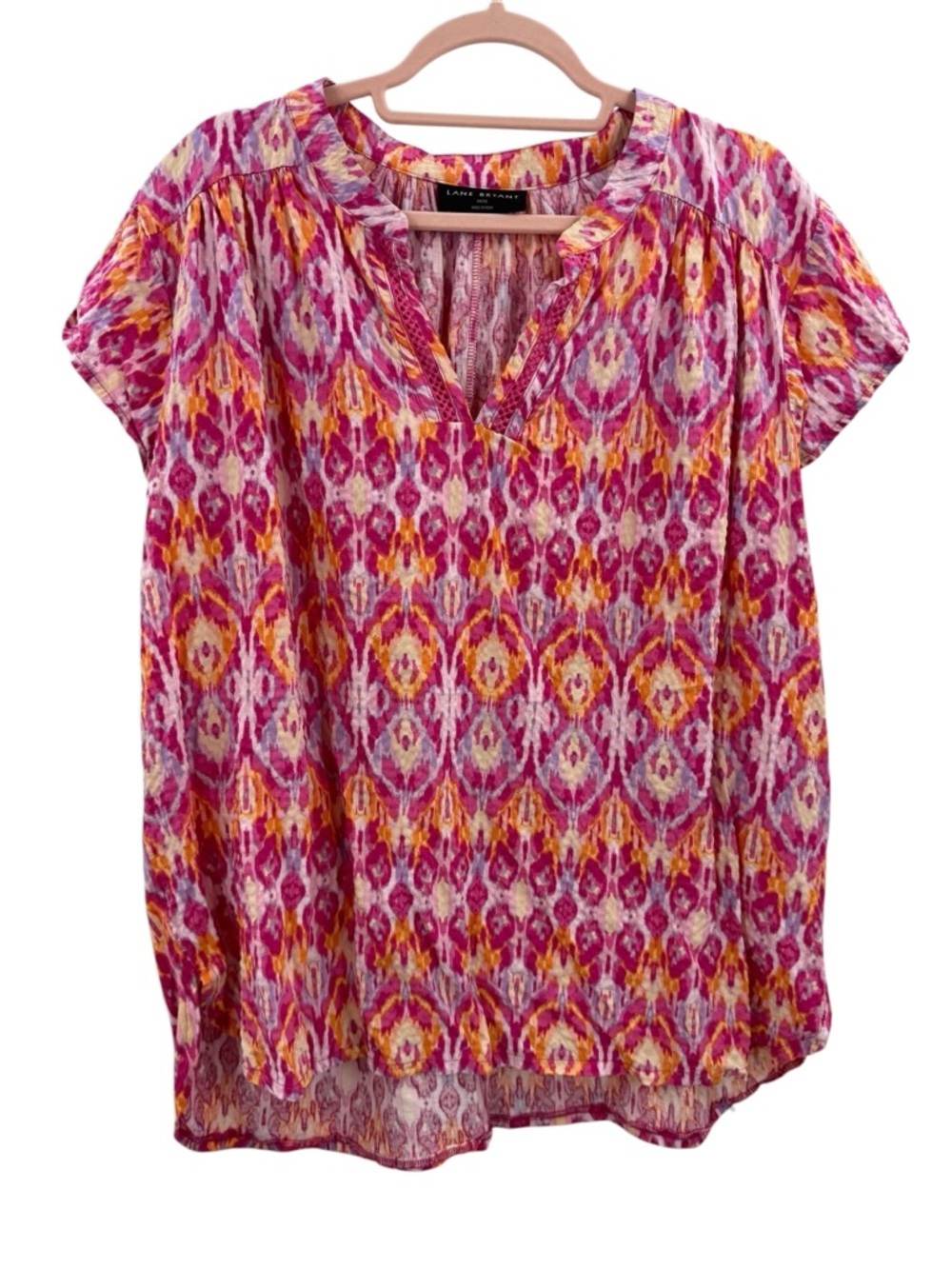 Lane Bryant Ikat Boho Blouse Pink Orange Short Sleeve V-Neck Top 14/16 Resort